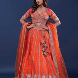 Orange Raw Silk Lehenga Set With Netted Dupatta