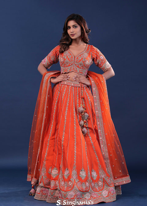 <img> Orange Raw Silk Lehenga Set With Netted Dupatta