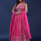 Deep Pink Silk Lehenga Set With Net Dupatta