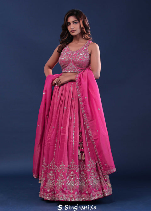 <img> Deep Pink Silk Lehenga Set With Net Dupatta