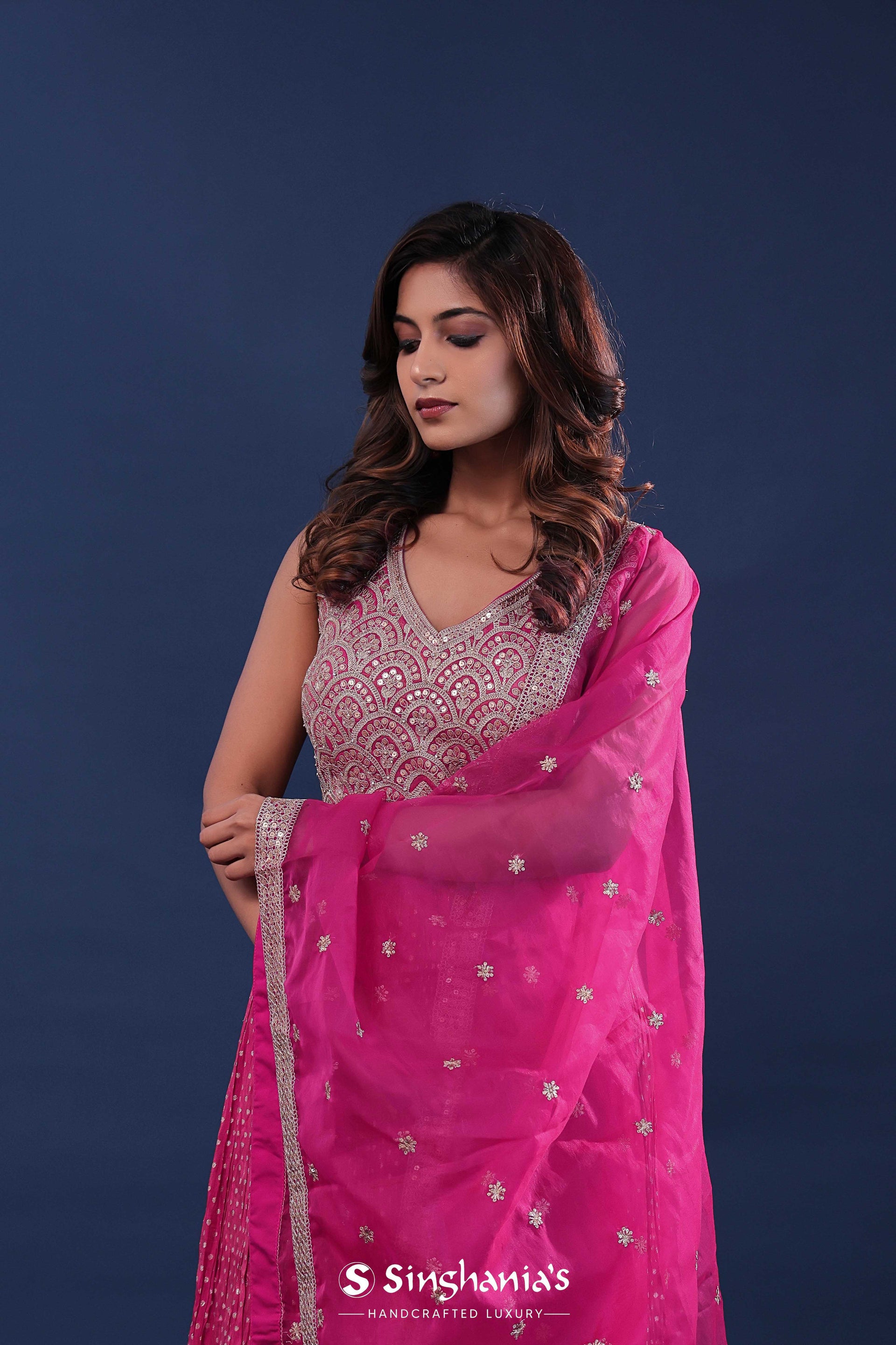 <img> Magenta Pink Banarasi Lehenga Set With Organza Dupatta