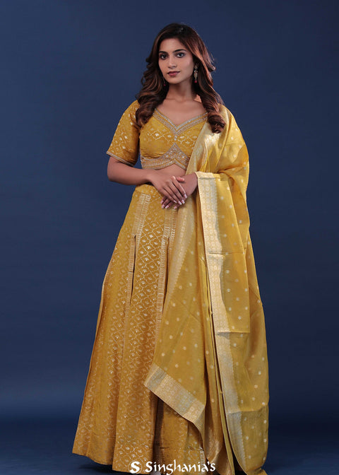 <img> Mustard Yellow Banarasi Lehenga Set