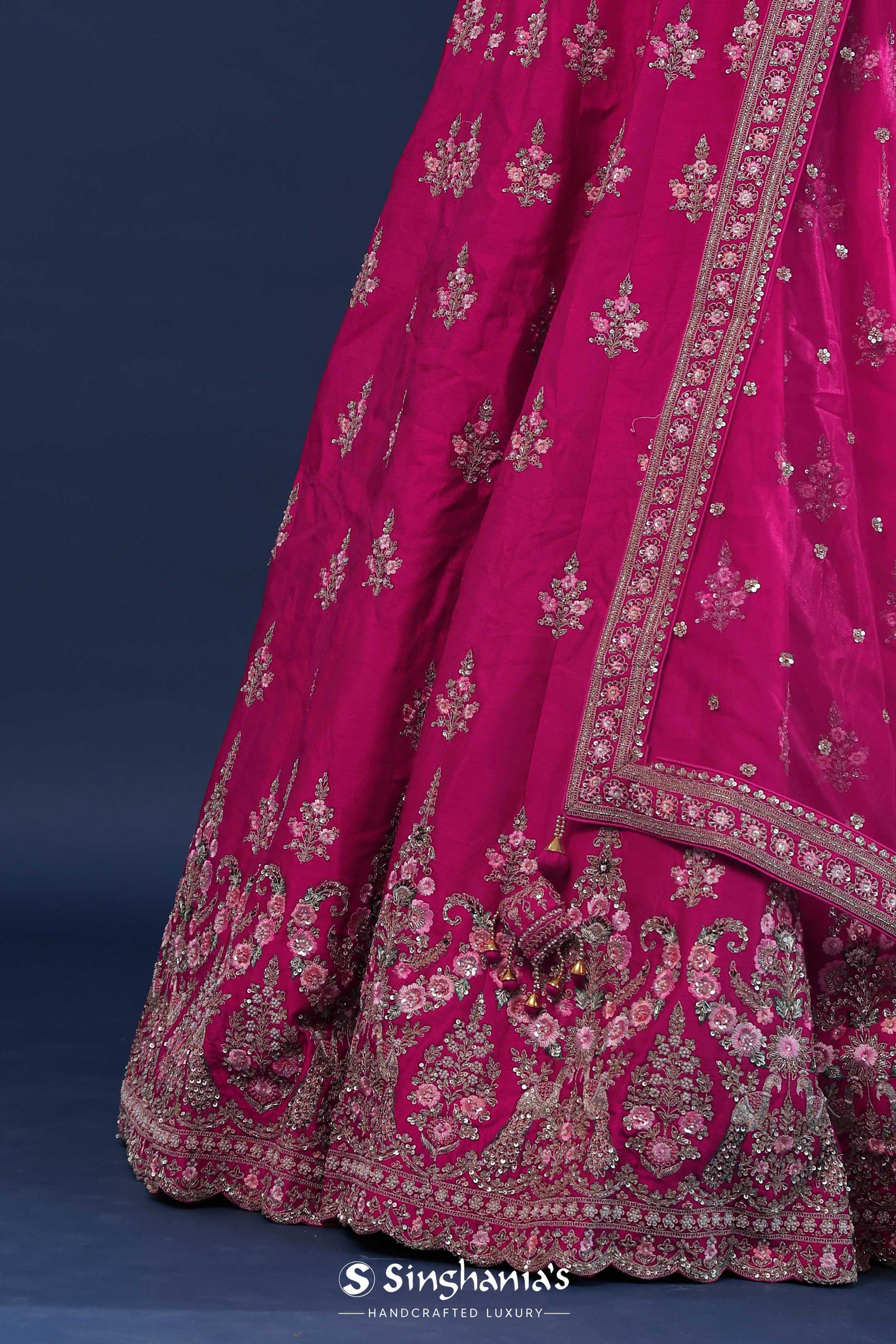 <img> Rani Pink Raw Silk Lehenga Set With Netted Dupatta