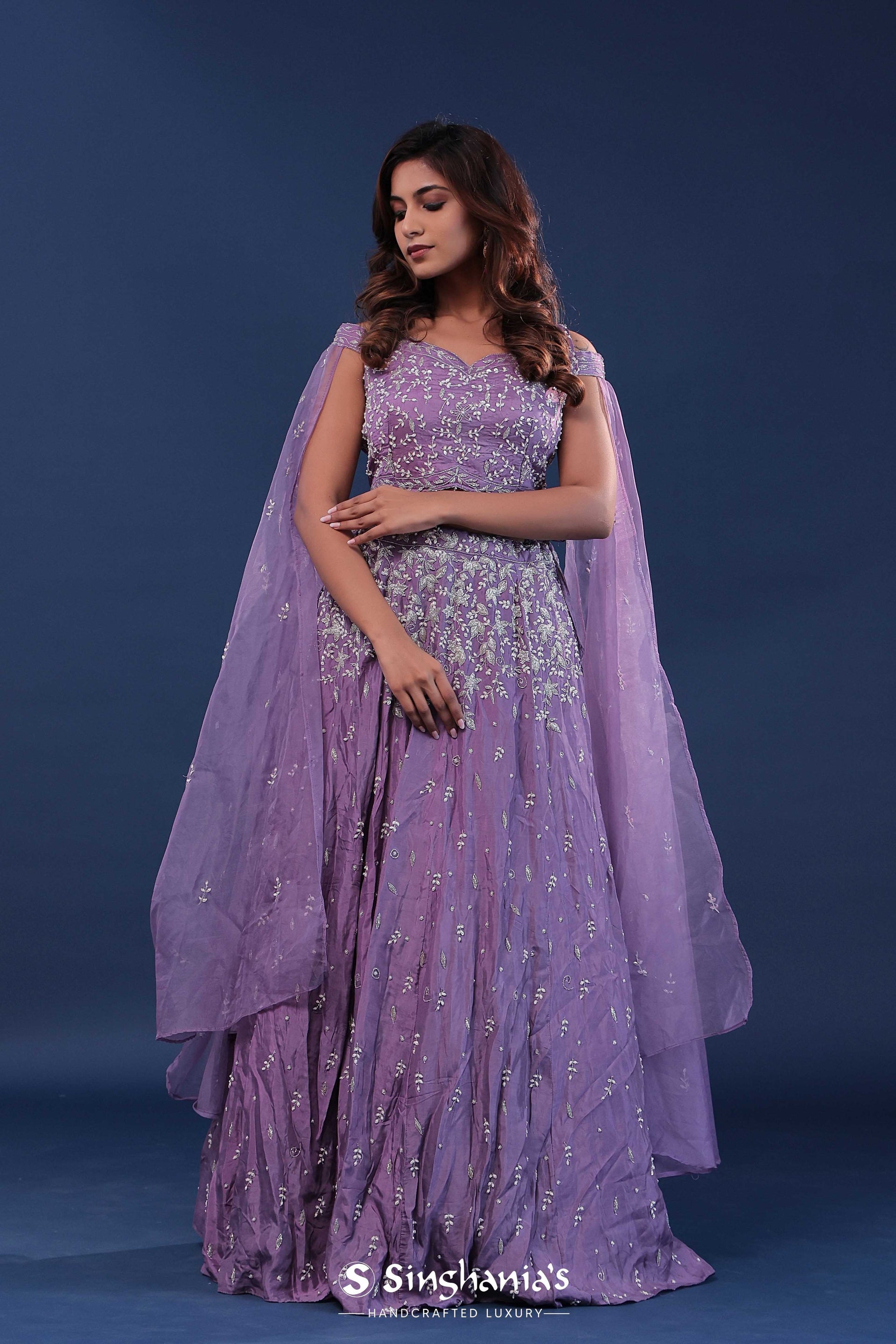 <img> Amethyst Purple Crepe Lehenga Set With Organza Slit