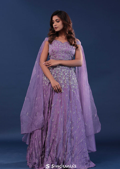 <img> Amethyst Purple Crepe Lehenga Set With Organza Slit
