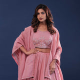 Coral Pink Silk Lehenga Set With Organga Dupatta