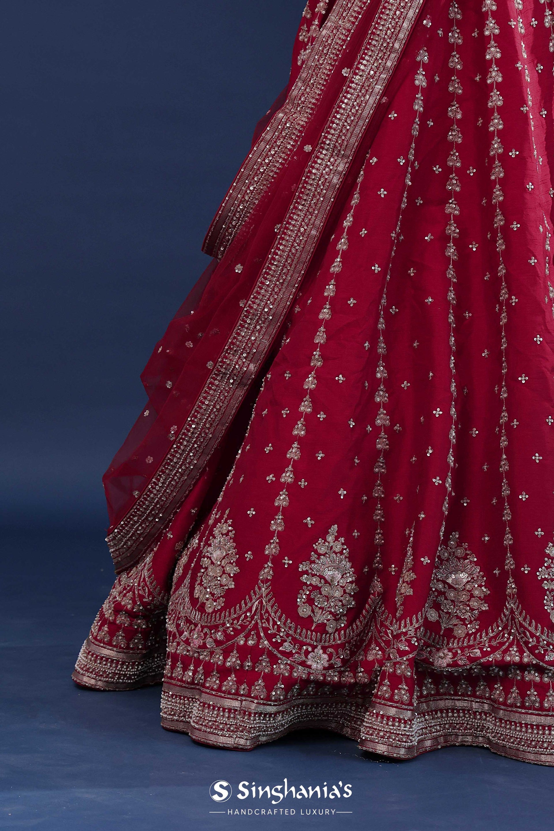 <img> Maroon Raw Silk Lehenga Set With Netted Dupatta
