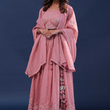 Coral Pink Silk Lehenga Set With Organga Dupatta