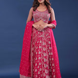 Raspberry Pink Banarasi Lehenga Set With Net Dupatta