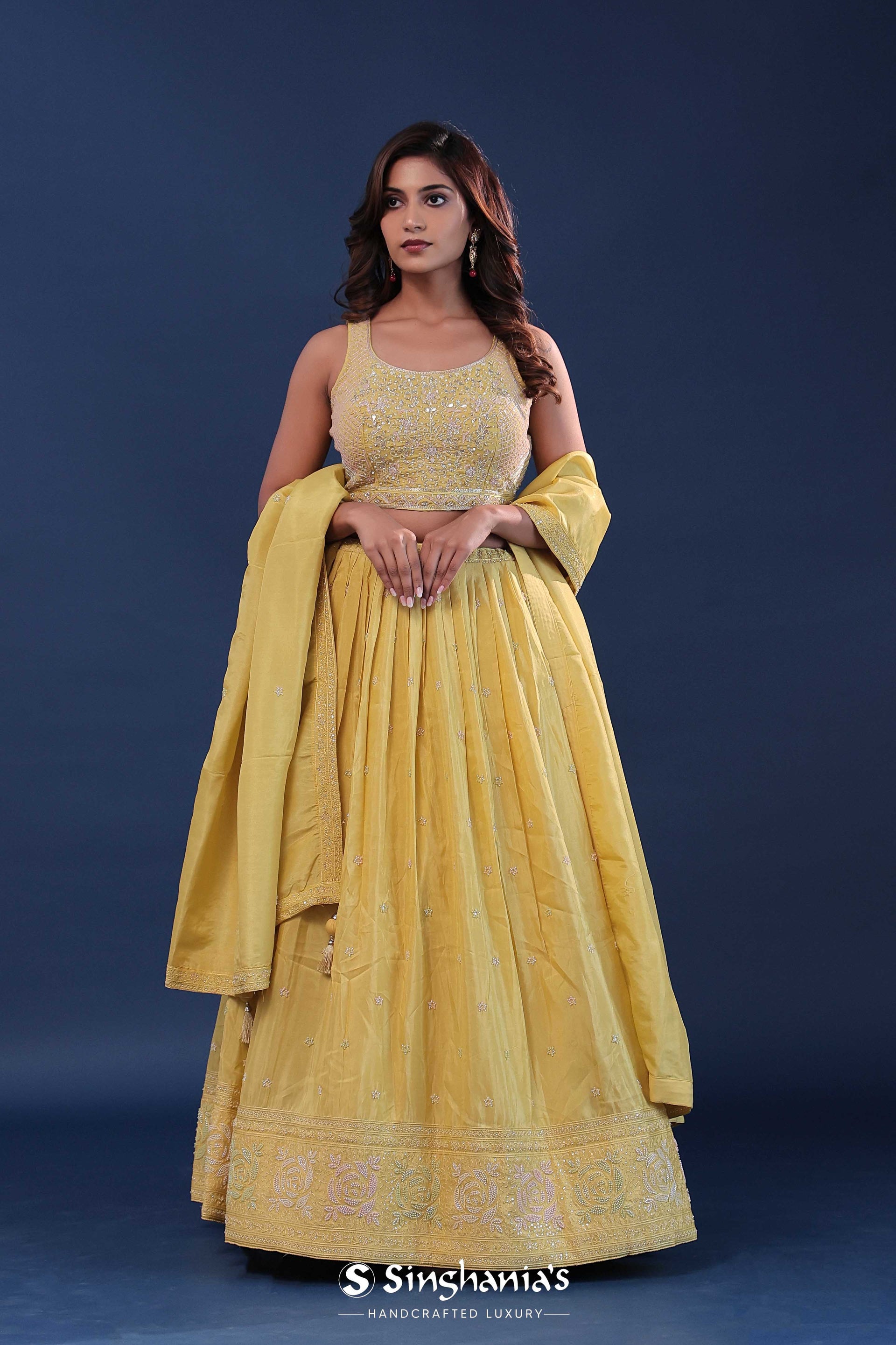 <img> Royal Yellow Tissue Organza Lehenga Set