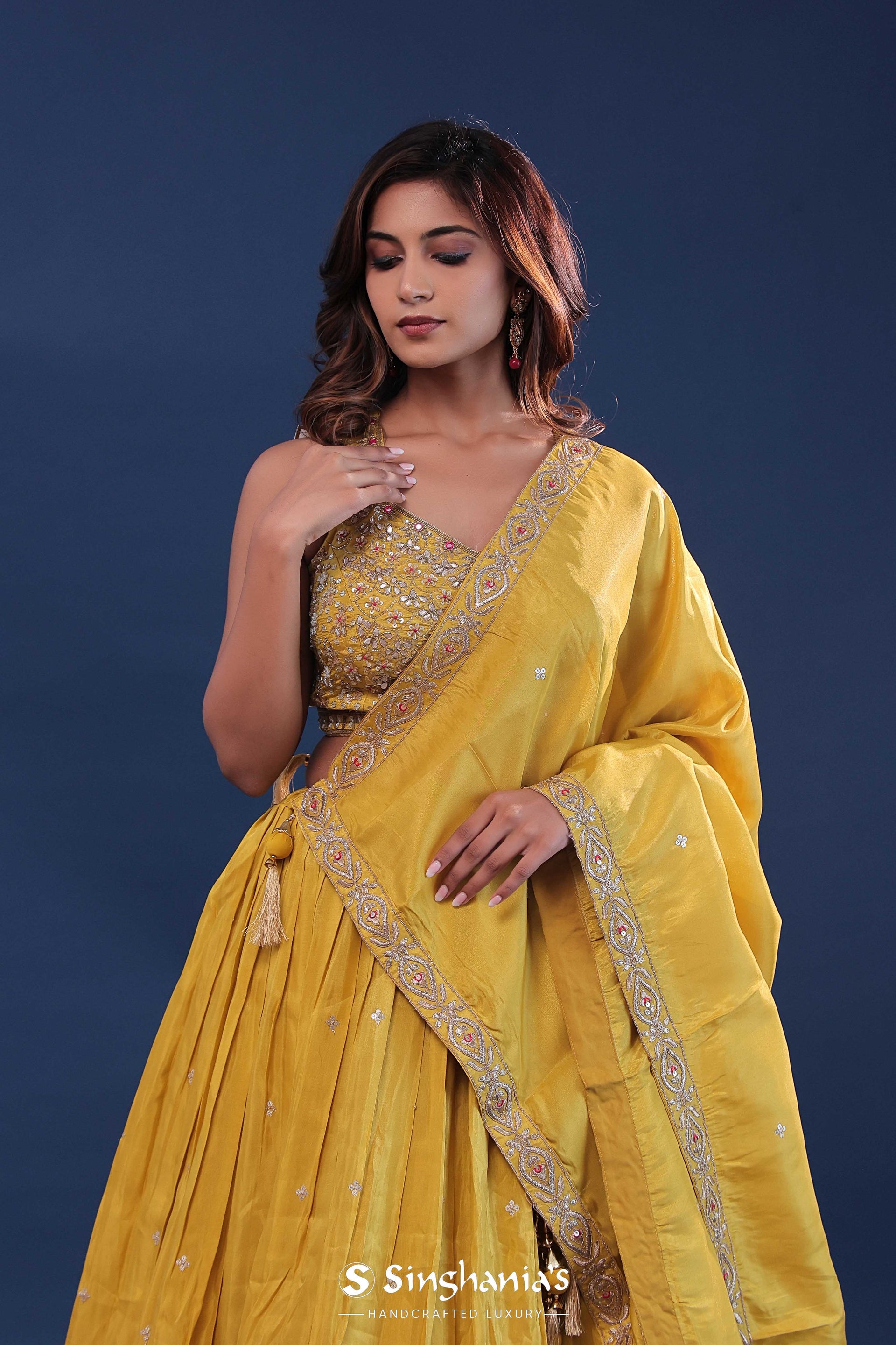 <img> Saffron Yellow Silk Lehenga Set For Both