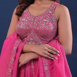 Deep Pink Silk Lehenga Set With Net Dupatta