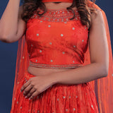 International Orange Organza Lehenga Set With Net Dupatta