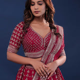 Maroon Raw Silk Lehenga Set With Netted Dupatta