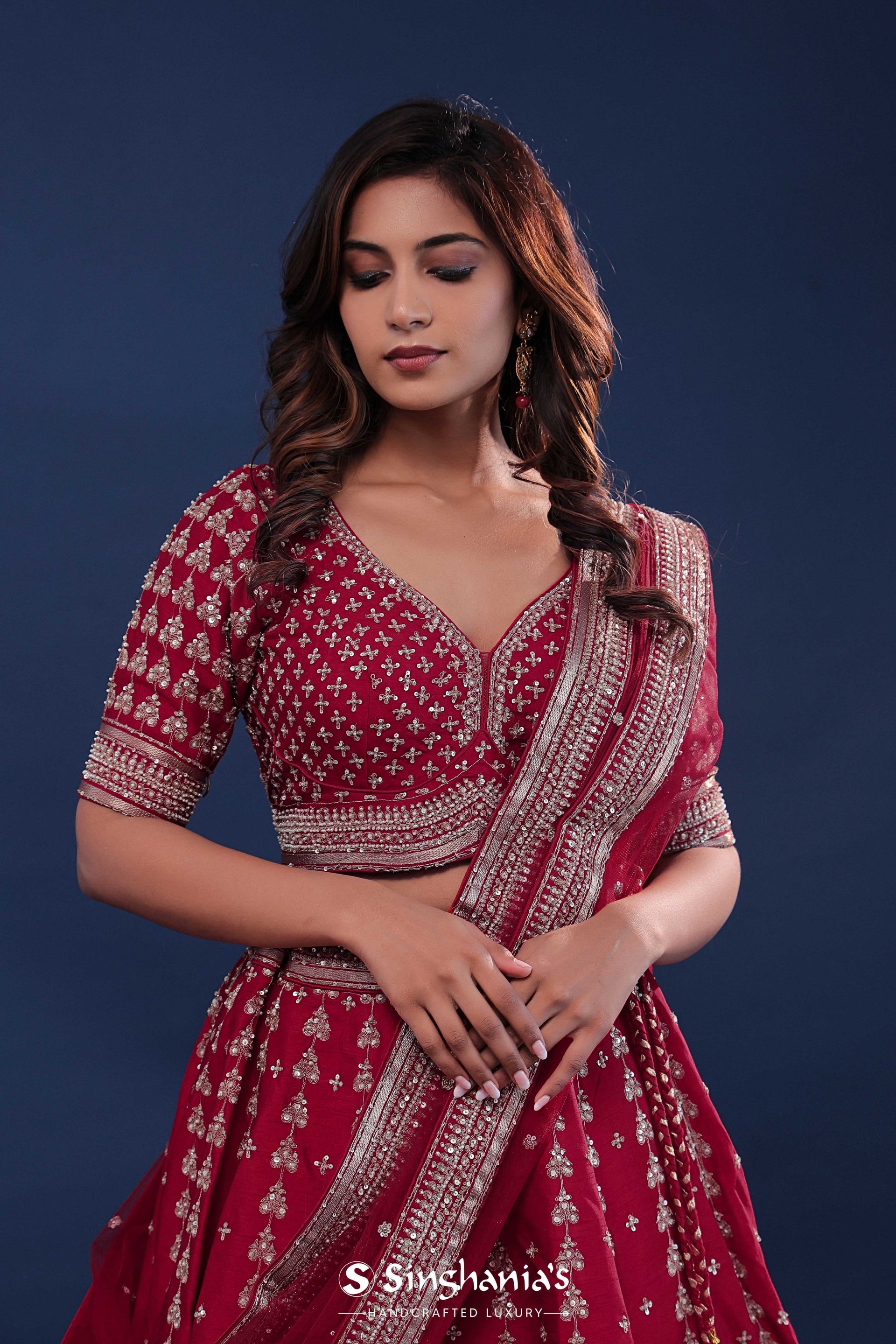 <img> Maroon Raw Silk Lehenga Set With Netted Dupatta