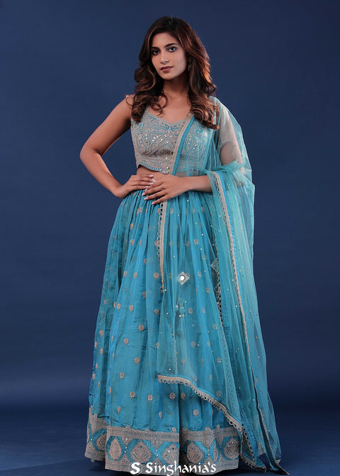<img> Capre Blue Silk Lehenga Set