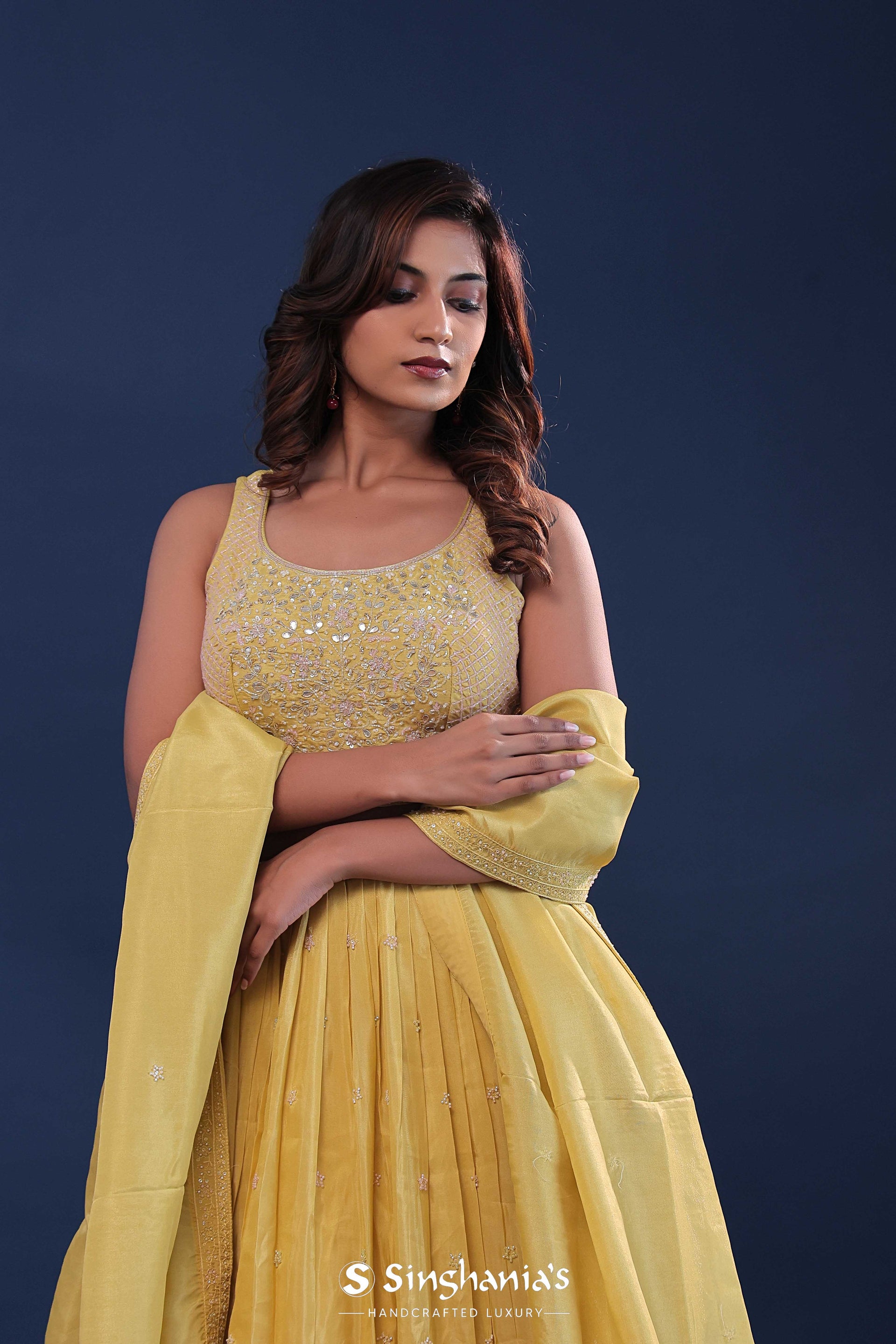 <img> Royal Yellow Tissue Organza Lehenga Set