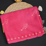 Yellow And Pink Bird Printed Satin Saree