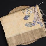 Pale Yellow Floral Printed Dupion Silk Saree