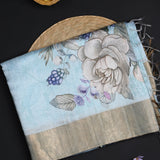 Pale Blue Floral Printed Dupion Silk Saree