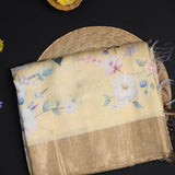 Pastel Yellow Floral Printed Dupion Silk Saree