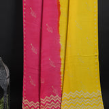 Yellow And Pink Bird Printed Satin Saree