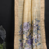 Pale Yellow Floral Printed Dupion Silk Saree