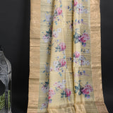 Pastel Yellow Floral Printed Dupion Silk Saree