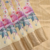 Pastel Yellow Floral Printed Dupion Silk Saree