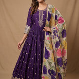 Deep Purple Embroidered Silk Anarkali Set With Floral Dupatta