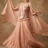 Peach Pink Tissue Embroidered Indo-Western Set