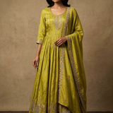 Mehendi Green Satin Embroidered Anarkali Set