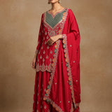 Classic Red Satin Silk Embroidered Sharara Set