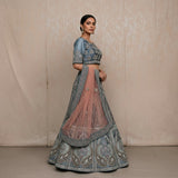 Steel Blue Silk Bridal Lehenga Set With Peach Net Dupatta
