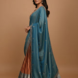 Teal & Rust Silk Lehenga Set - Floral Embroidered Blouse With Metallic Sleeves & Border Highlight Dupatta