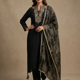 Jet Black Cotton Straight Kurti With Embroidered V-Neckline & Geometric Printed Dupatta