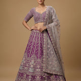 Deep Purple Silk Bridal Lehenga Choli With Embroidered Geometric Jaal & Gold Border Dupatta