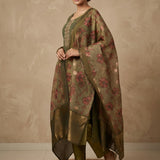 Olive Green Pearl Embellished Straight Kurti Set With Floral Printed Zari Border Dupatta