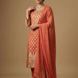 Geometric Embroidered Salwar Suit In Coral Orange