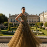 Olive Green Sequin And Bead Embroidered Bridal Gown