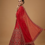 Bright Red Silk Bridal Lehenga Choli With All-Over Gold Embroidered Butti & Sequin Dupatta