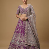 Deep Purple Silk Bridal Lehenga Choli With Embroidered Geometric Jaal & Gold Border Dupatta
