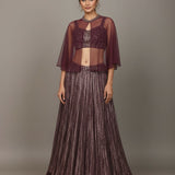 Burgundy Sequin Embroidered Lehenga Set With Sheer Cape Shrug