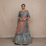 Steel Blue Silk Bridal Lehenga Set With Peach Net Dupatta