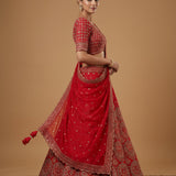 Bright Red Silk Bridal Lehenga Choli With All-Over Gold Embroidered Butti & Sequin Dupatta