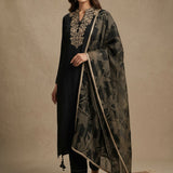 Jet Black Cotton Straight Kurti With Embroidered V-Neckline & Geometric Printed Dupatta