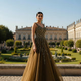 Olive Green Sequin And Bead Embroidered Bridal Gown