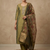 Olive Green Pearl Embellished Straight Kurti Set With Floral Printed Zari Border Dupatta