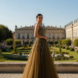 Olive Green Sequin And Bead Embroidered Bridal Gown