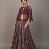 Burgundy Sequin Embroidered Lehenga Set With Sheer Cape Shrug